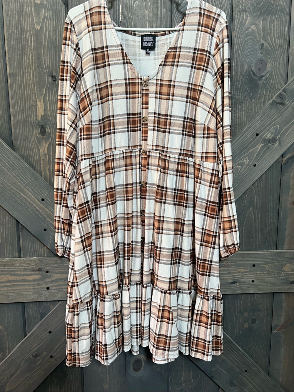 Derek Heart 2X Plaid Tiered Button Front Midi Dress Brown Cream Plus Size